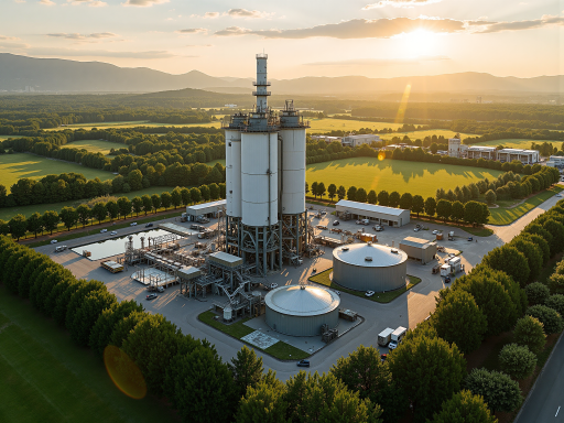 台塑宁波公司标志,现代化化工园区,绿色植被环绕,工业环境