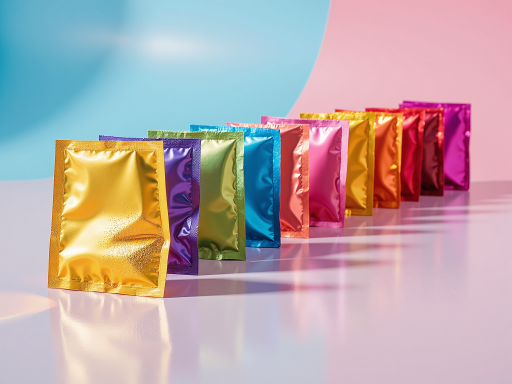 彩色塑料助剂母粒,装在透明小袋中,多种颜色排列,实验室环境