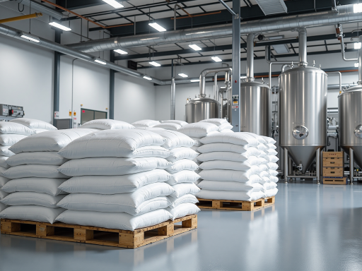 白色塑料助剂母粒,装在密封袋中,标签清晰,工厂环境