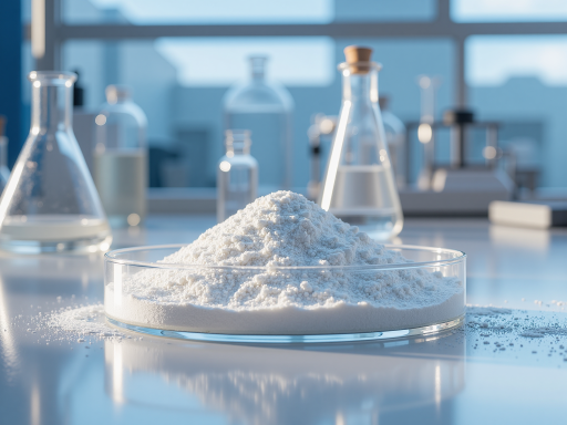 白色颗粒状塑料原料,装在透明容器中,颗粒均匀,光泽度好,实验室环境