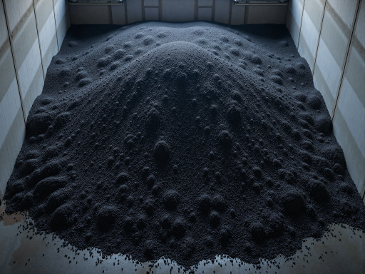 黑色颗粒状塑料原料,装在蓝色托盘上,颗粒饱满,工业环境