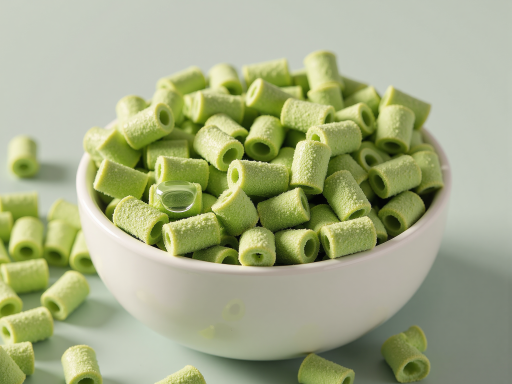 回收塑料颗粒,多种颜色混合,装在透明容器中,环保标识,绿色背景