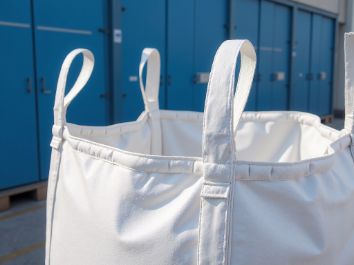 深灰色再生塑料颗粒,装在白色编织袋中,环保标志,工厂车间环境