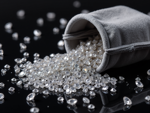 浅色再生塑料颗粒,装在透明袋子中,颗粒均匀,环保回收标识