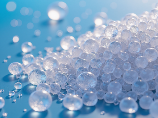 黑色颗粒状塑料原料,装在蓝色托盘上,颗粒饱满,工业环境